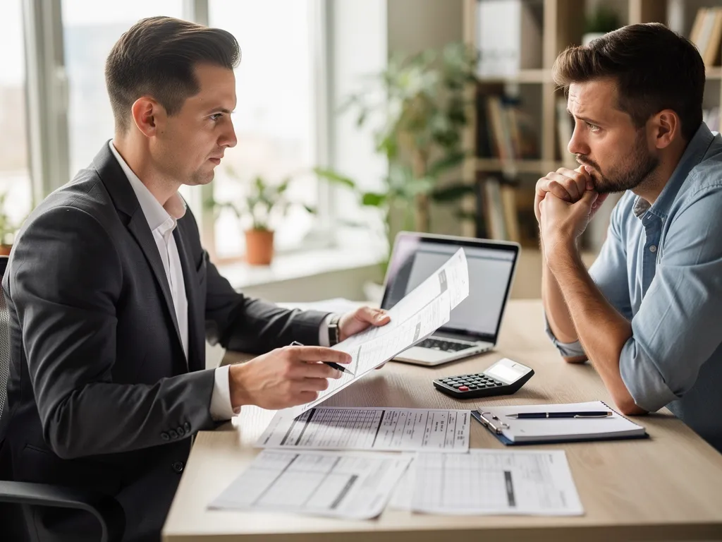 Gestor inmobiliario revisando facturas de luz con un cliente en su mesa