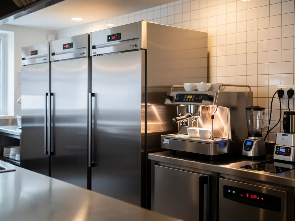 Cocina de un restaurante con neveras y máquina de café en funcionamiento