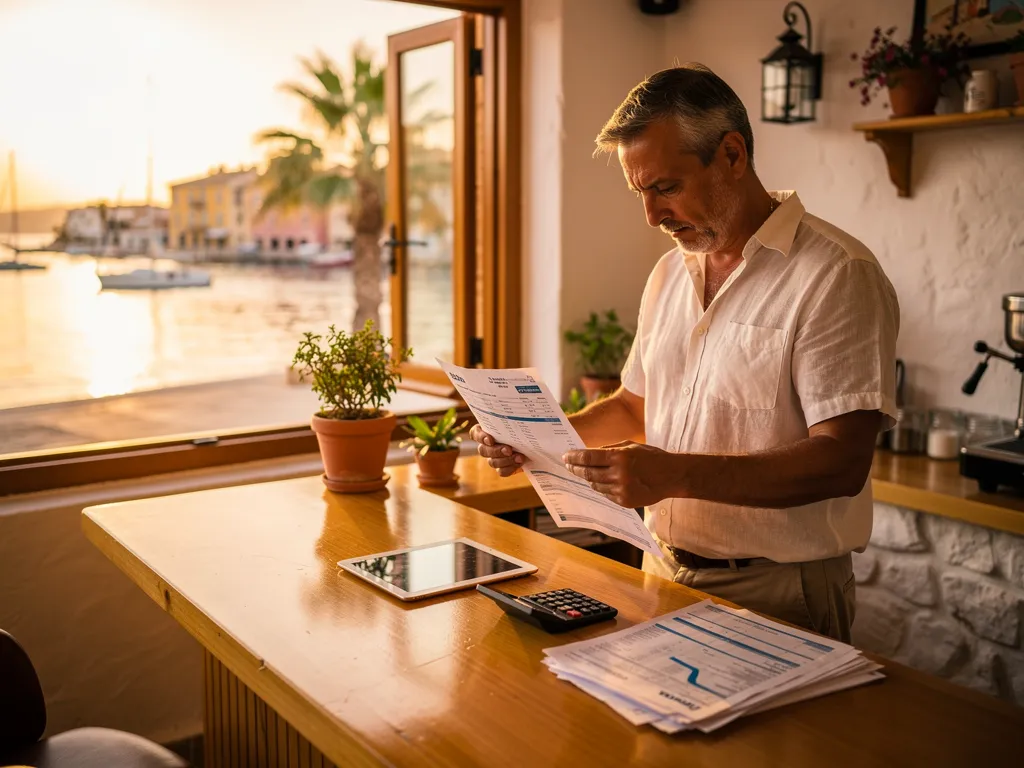 Propietario de un negocio revisando la factura de la luz en el mostrador de un café mallorquín