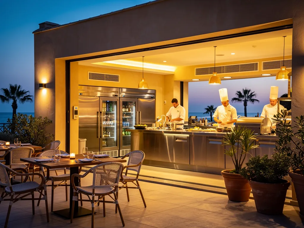 Cocina y terraza de un restaurante balear con cámaras frigoríficas y climatización