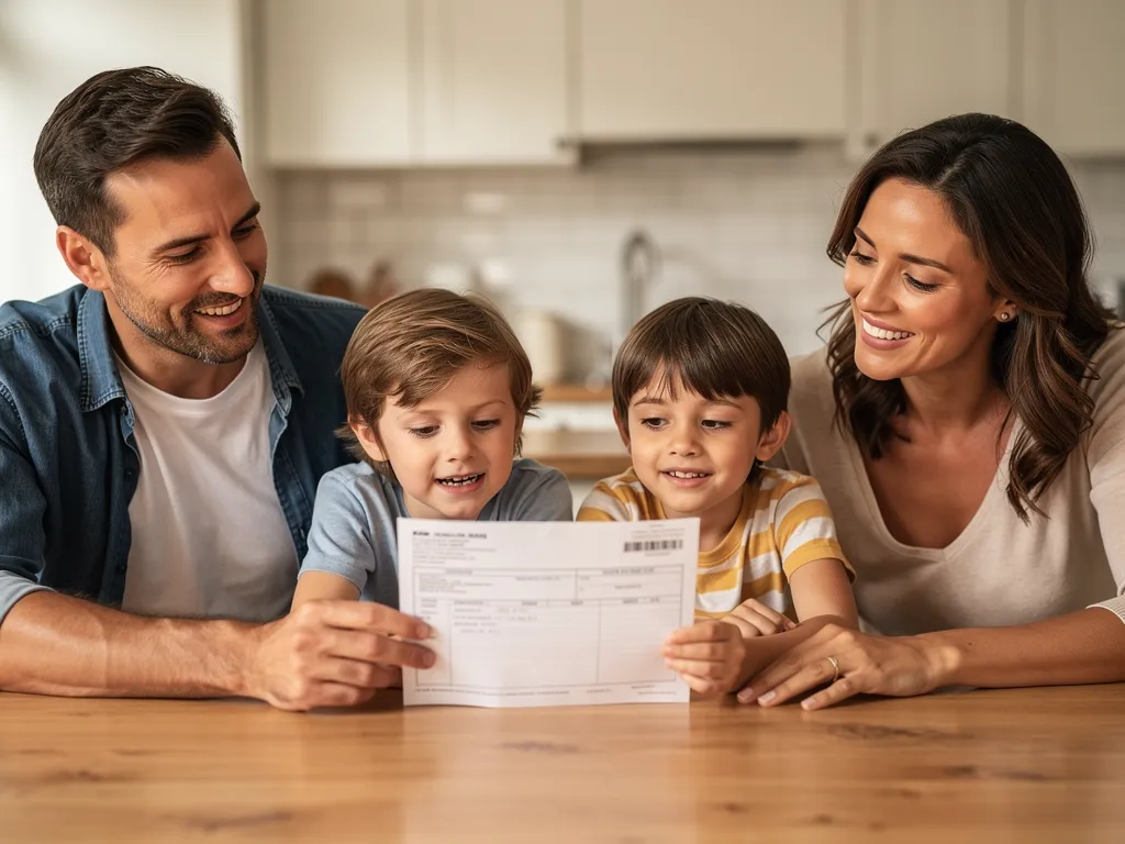 Familia revisa junta una factura de suministros en la mesa de la cocina
