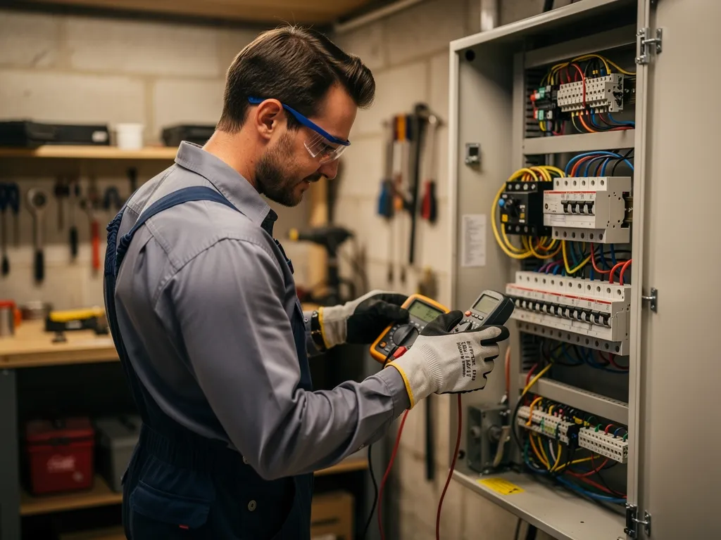 Electricista revisando un cuadro eléctrico trifásico en un taller pequeño