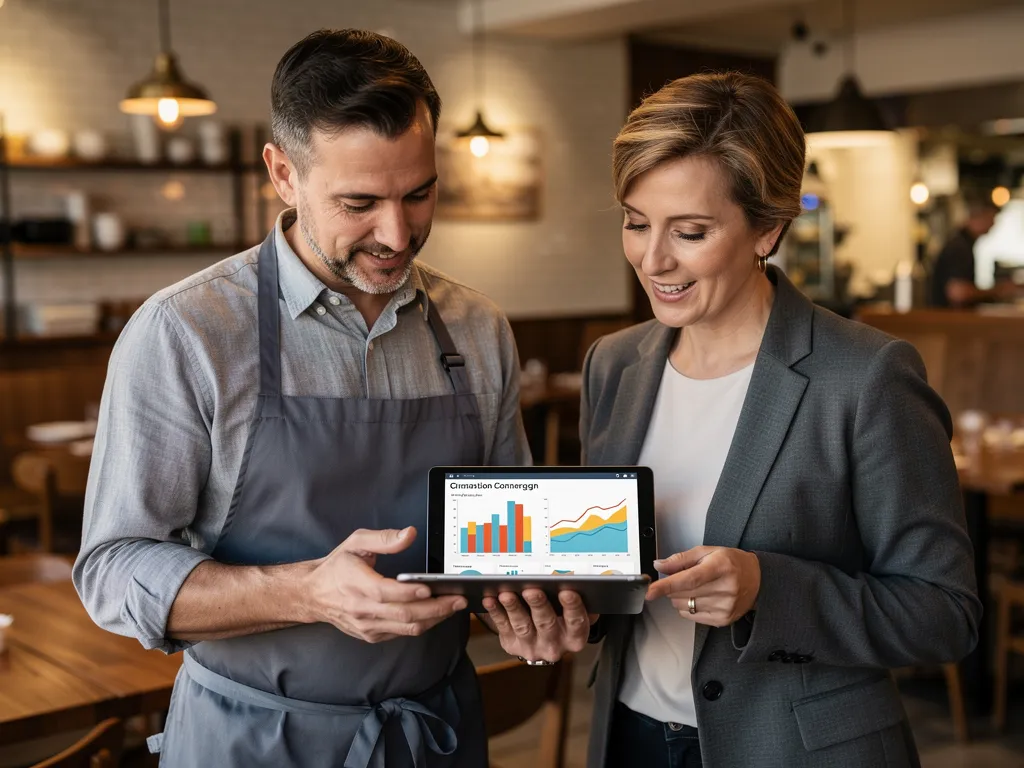 Dueño de restaurante y asesor energético mirando gráficos de consumo en una tableta