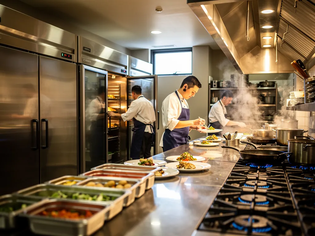 Cocina de un restaurante con equipos de frío y cocción en pleno servicio